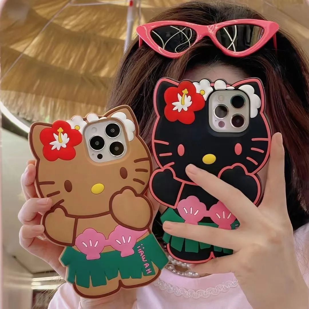Cute Hawaiian Hula Black Hello Kitty Case for iPhone 17 – Compatible with iPhone 16/15 Pro Max/14 Pro Max/13, Tropical Soft TPU Shockproof Bumper Cover